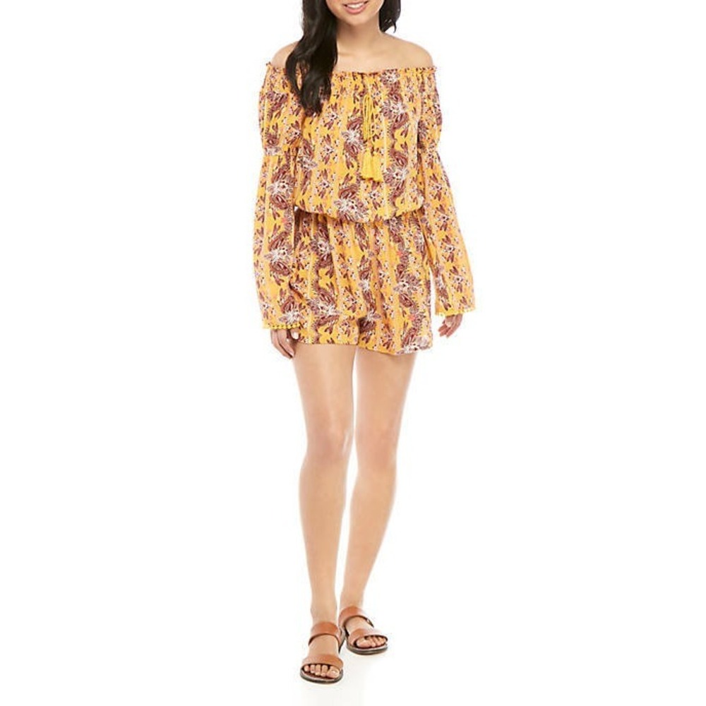 Wonderly Yellow Multi Floral Off Shoulder Romper Long Sleeves NWOT Woman's Small